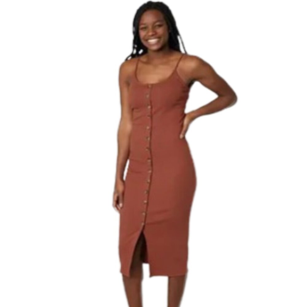 Gilded Intent Fitted Ribbed Front Buttons Adjustable Straps Midi Dress Size XS